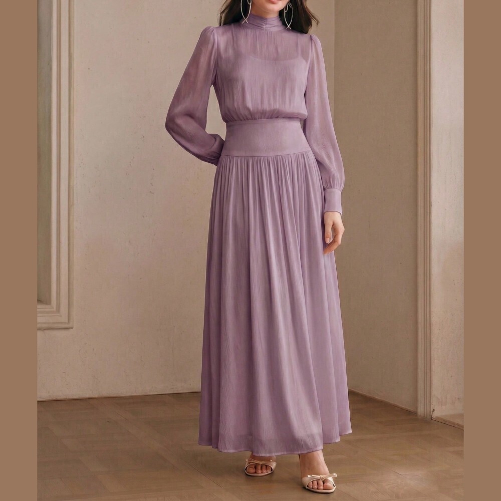 Lilac Ruched Stand Collar Bishop Sleeve Sheer Maxi Dress with Wide Waistband